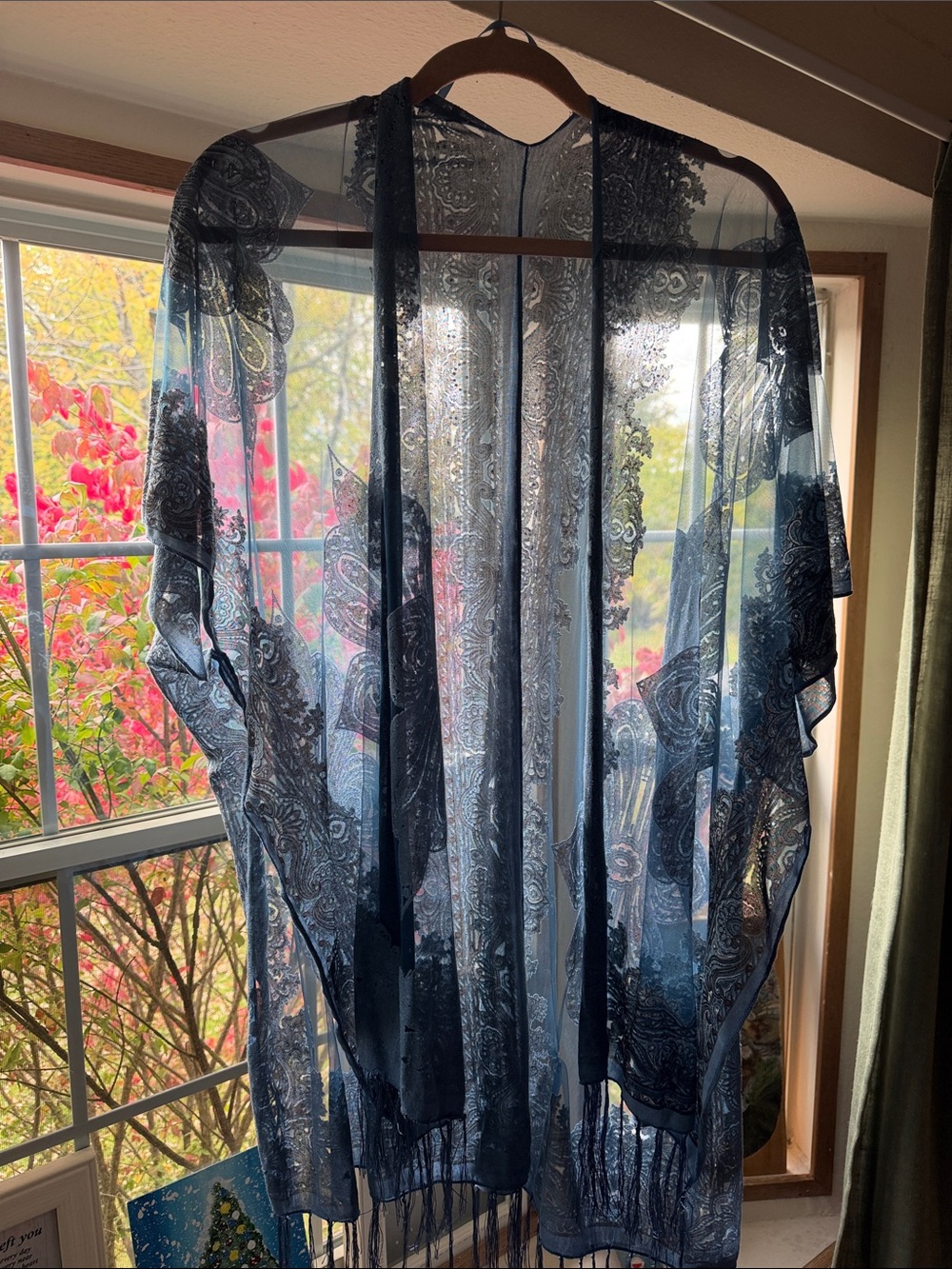 Pretty Persuasions Sheer Paisley Kimono Robe - Navy Blue